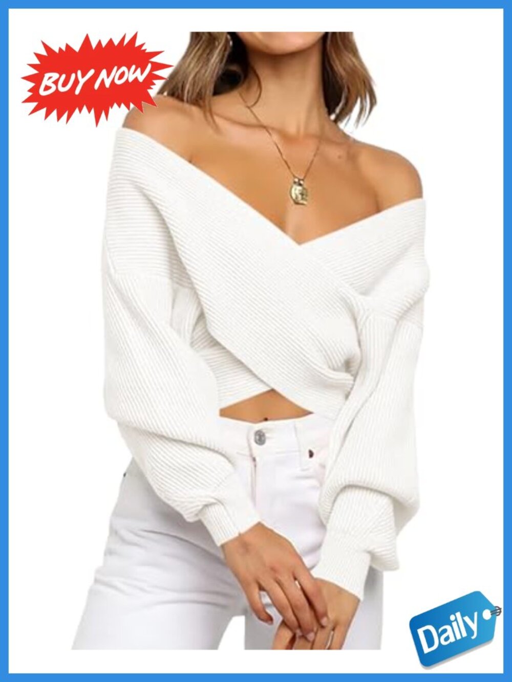 Off Shoulder Cropped Sweater Criss Cross Wrap V Neck Lantern Sleeve Ribbed Knit